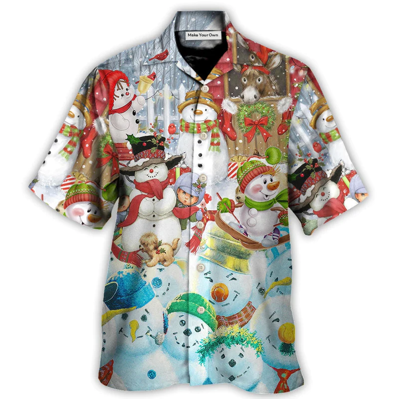 Happy Snowman Christmas Farm Hawaiian Shirt Pattern View For Relaxed Warm Weather Outfits