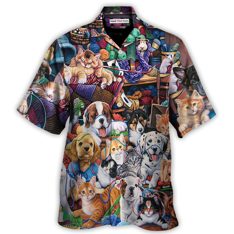 Dog Cat Yarn Together Hawaiian Shirt Graphic Artwork Detail For Coastal Travel