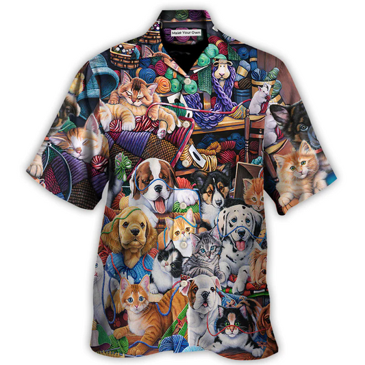 Dog Cat Yarn Together Hawaiian Shirt Graphic Artwork Detail For Coastal Travel