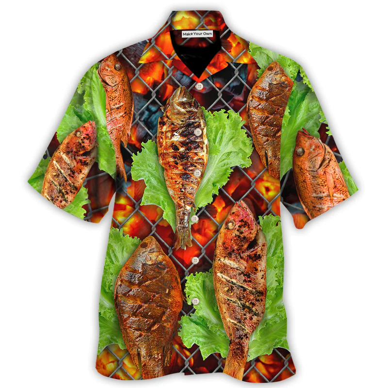 Fish Food Delicious Grilled BBQ Hawaiian Shirt For Tropical Holidays, Resort Trips, And Comfortable Summer Outings