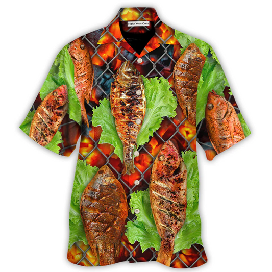 Fish Food Delicious Grilled BBQ Hawaiian Shirt For Tropical Holidays, Resort Trips, And Comfortable Summer Outings