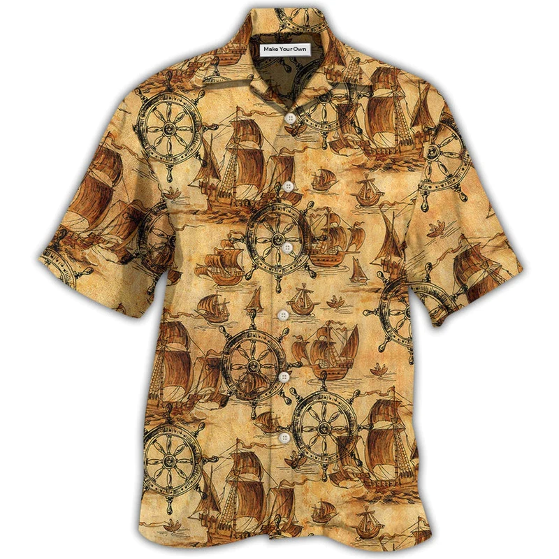 Vintage Ship Wheel Sea Hawaiian Shirt For Vacation Days And Relaxed Coastal Outings