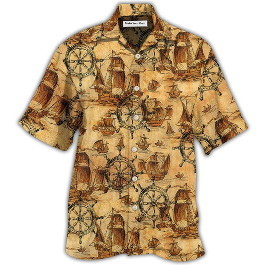 Vintage Ship Wheel Sea Hawaiian Shirt For Vacation Days And Relaxed Coastal Outings