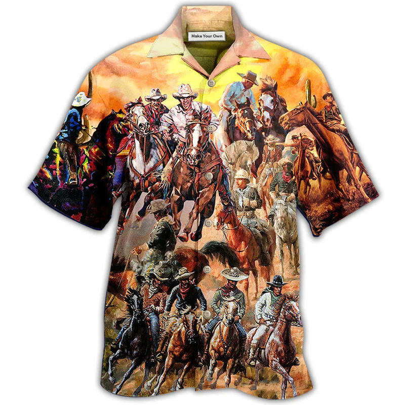 Cowboy Hawaiian Shirt Pattern Detail For Vacation Travel And Daily Wear