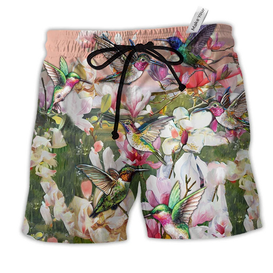 Hummingbird Blooming Magnolia Floral Hawaiian Beach Shorts For Poolside Relaxation And Style