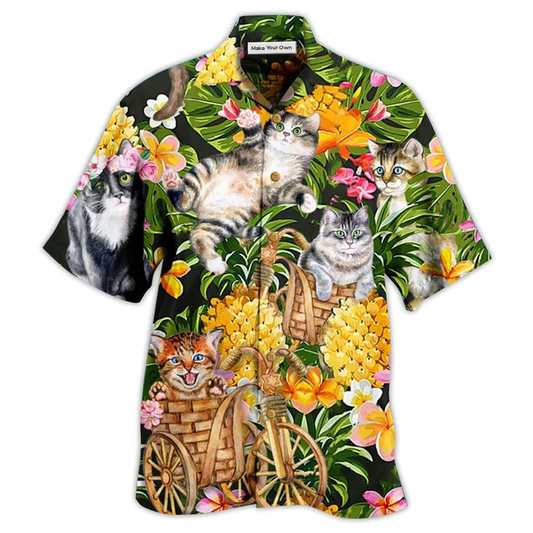Floral Cat Garden Hawaiian Shirt For Summer Events And Casual Outdoor Wear
