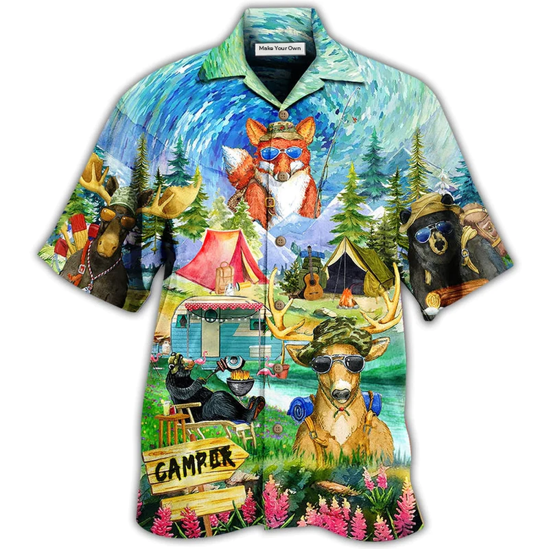 Happy Camping Animals Hawaiian Shirt For Summer Vacation And Beach Travel