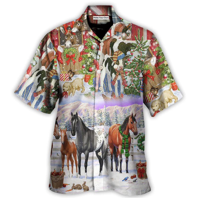 Festive Christmas Farm Hawaiian Shirt Detailed Pattern View For Island Holidays