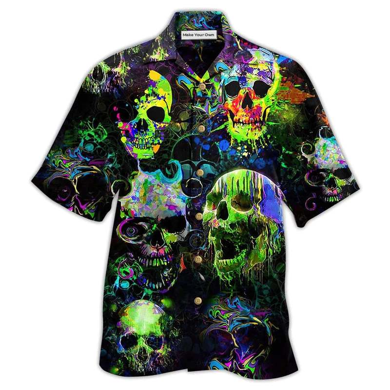 Green Skull Hawaiian Shirt For Resort Travel Summer Outings And Casual Gatherings