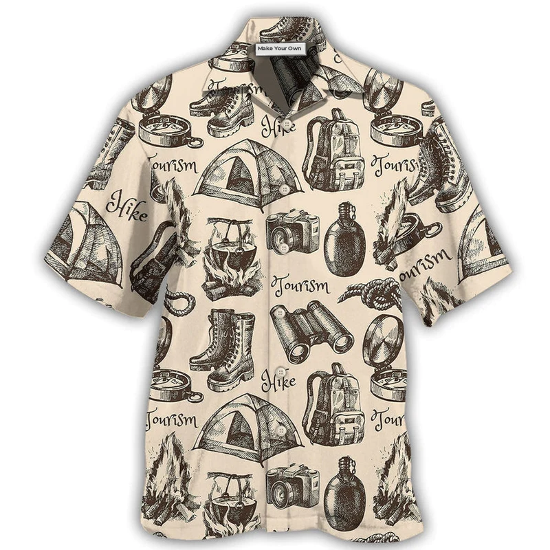 Vintage Hiking Hawaiian Shirt For Resort Travel Summer Outings And Casual Gatherings
