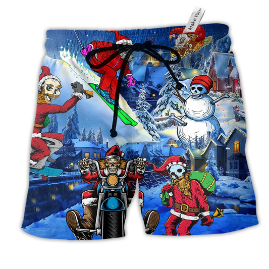 Christmas Night With Skull Hawaiian Print Beach Shorts For Christmas Getaways