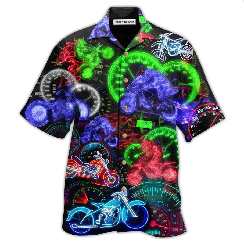 Neon Motorcycle Ride Stay Home Light Hawaiian Shirt Artwork Detail For Resort Trips And Outdoor Activities