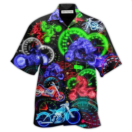Neon Motorcycle Ride Stay Home Light Hawaiian Shirt Artwork Detail For Resort Trips And Outdoor Activities