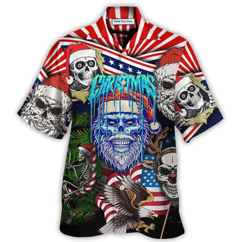 Skull Christmas US Flag Skeleton Horror Hawaiian Shirt Design View For Resort Travel And Thoughtful Gifting