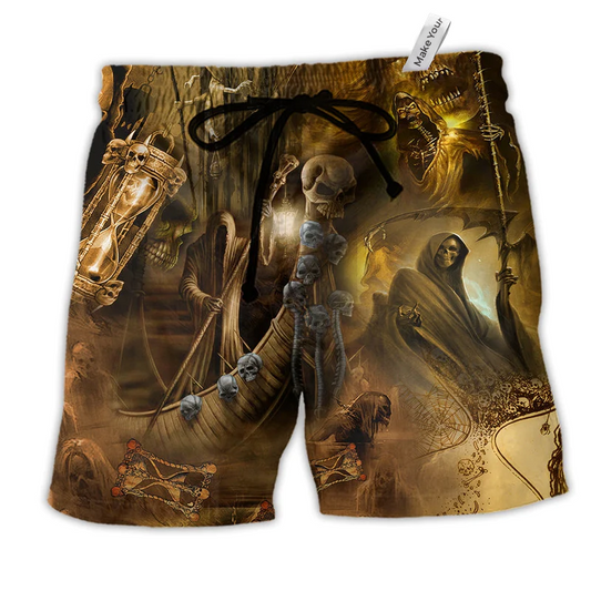 Skull Go To Hell Skull Vintage Hawaiian Print Beach Shorts For Fantasy Fan Beach Days