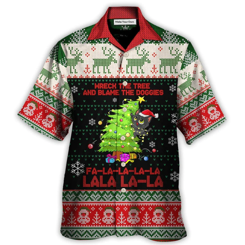 Funny Cat Wreck Tree Christmas Light Ugly Hawaiian Shirt For Poolside Relaxation And Sunny Getaways