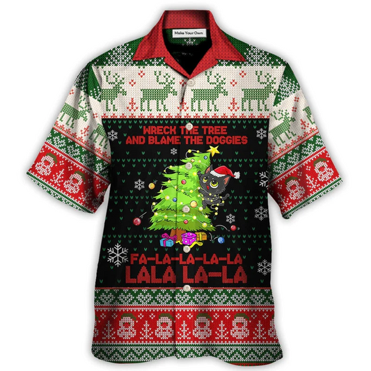 Funny Cat Wreck Tree Christmas Light Ugly Hawaiian Shirt For Poolside Relaxation And Sunny Getaways