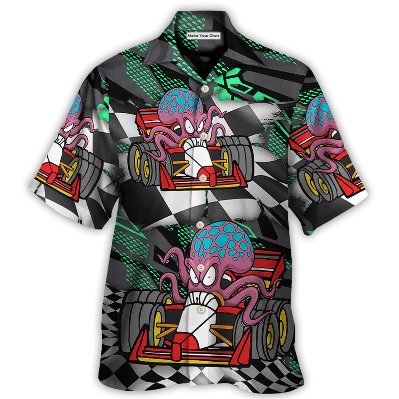 Australian Octopus Racing Car Hawaiian Shirt Front Pattern View For Tropical Vacations