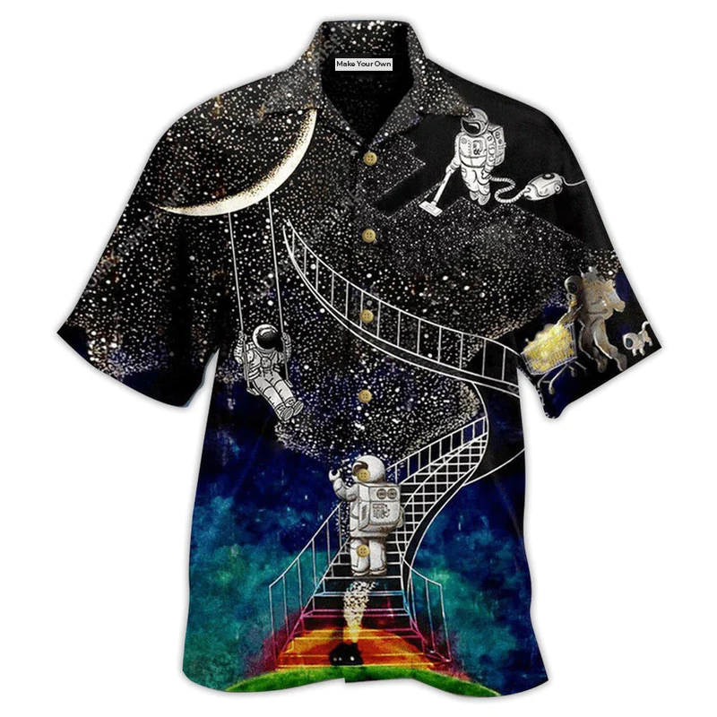 Astronaut Galaxy Climbing Moon Hawaiian Shirt Pattern View For Relaxed Warm Weather Outfits