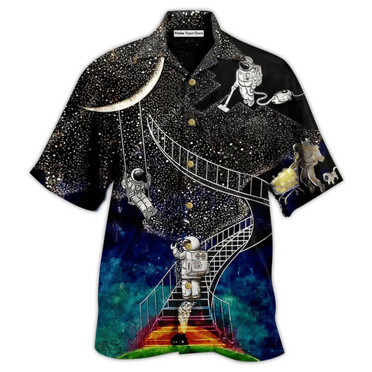 Astronaut Galaxy Climbing Moon Hawaiian Shirt Pattern View For Relaxed Warm Weather Outfits