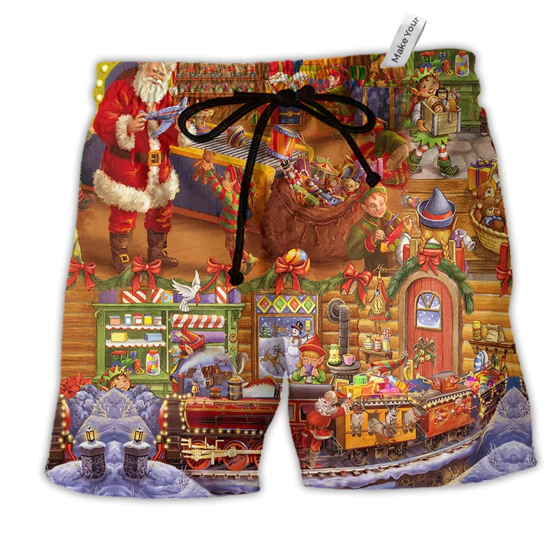 Christmas Santa And Happiness Hawaiian Print Beach Shorts For Seasonal Summer Travel