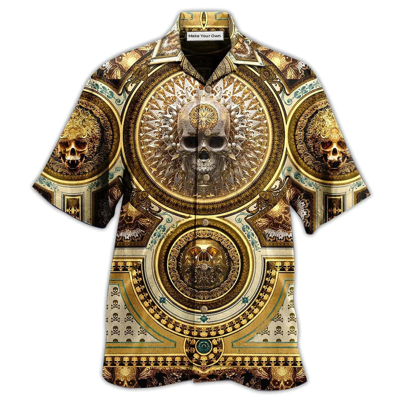 Gold Skull Hawaiian Shirt For Summer Travel Coastal Events And Thoughtful Gift Giving