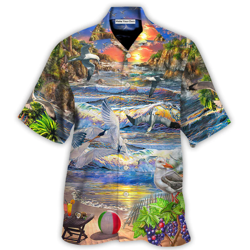 Beach Happier Seagull French Fry Hawaiian Shirt Tropical Styling View For Weekend Trips