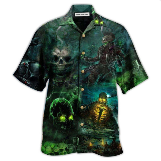 Dark Skull Flesh Brain Still Pain Hawaiian Shirt Artwork Detail For Tropical Trips And Casual Outings