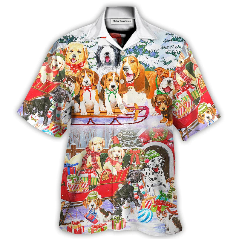 Festive Dog Snowman Christmas Tree Hawaiian Shirt Artwork View For Tropical Vacations