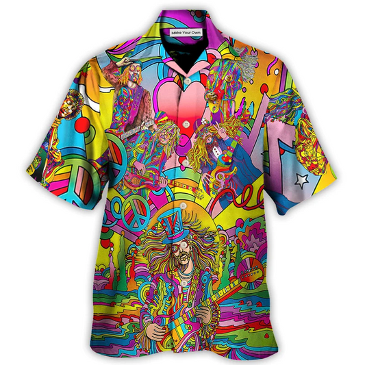 Hippie Music Guitar Musician Hawaiian Shirt Collar And Front View For Vacation Style