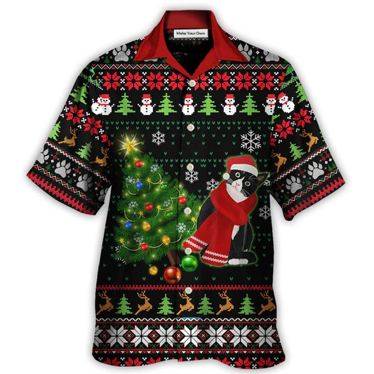 Happy Cat Wreck Tree Ugly Christmas Hawaiian Shirt For Summer Vacation And Beach Travel