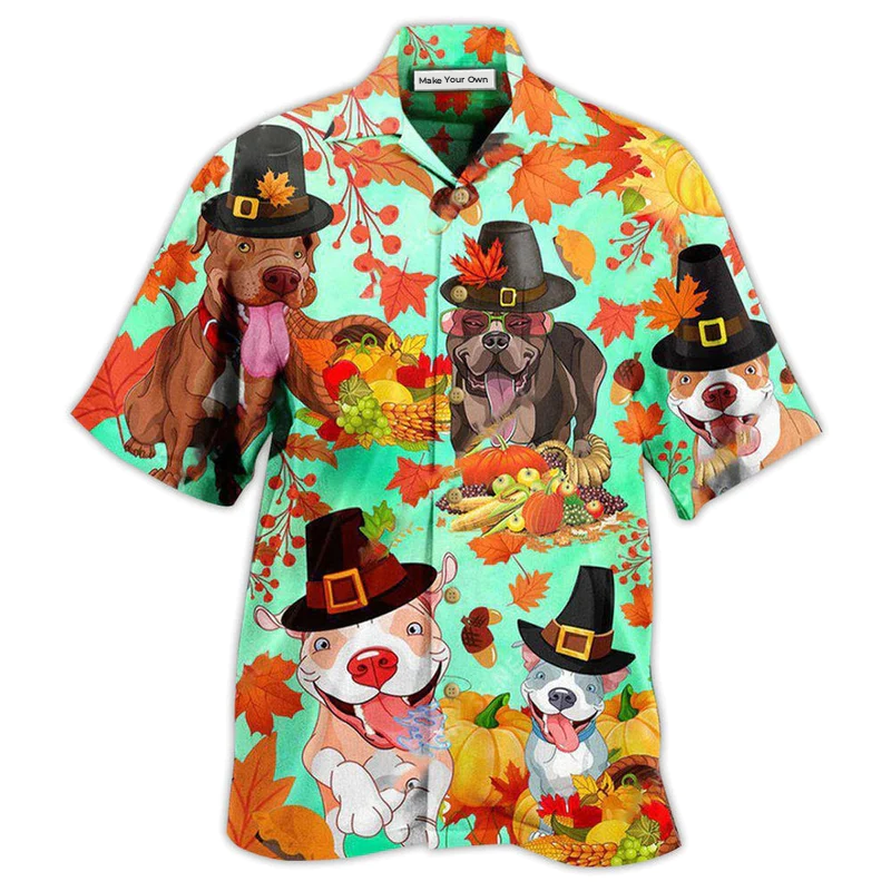 Happy Dog Pitbull Thanksgiving Hawaiian Shirt Artwork Detail For Resort Trips And Outdoor Activities