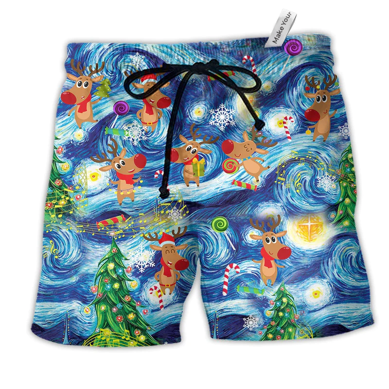 Christmas Dancing Reindeers Happy Hawaiian Print Beach Shorts For Christmas Getaways