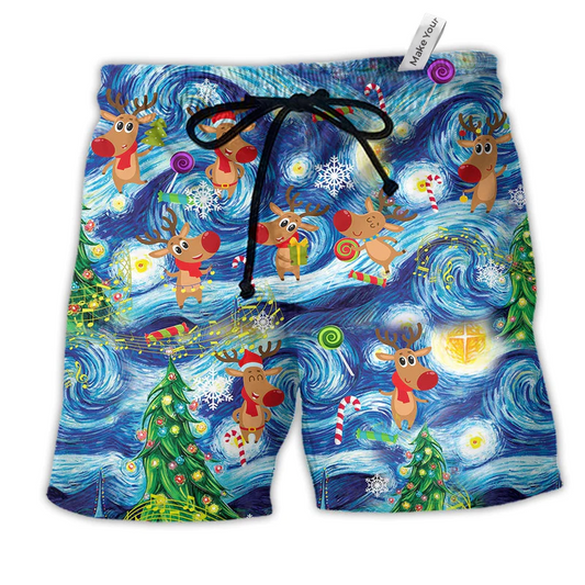 Christmas Dancing Reindeers Happy Hawaiian Print Beach Shorts For Christmas Getaways