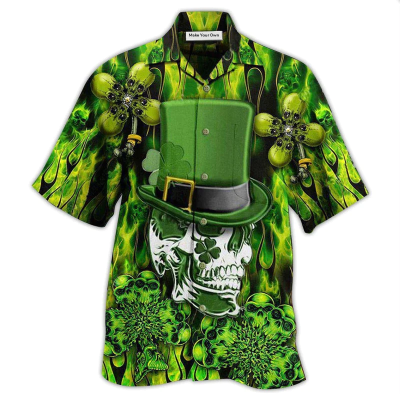 Skull Irish Saint Patricks Day Hawaiian Shirt Artwork Detail For Tropical Trips And Casual Outings