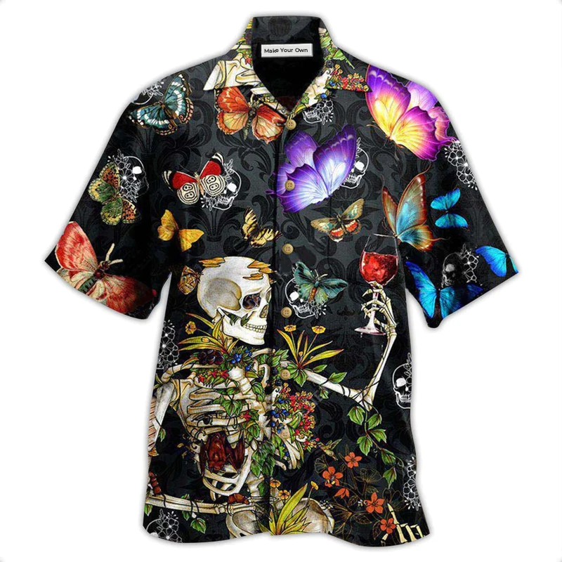 Skull And Butterfly Hawaiian Shirt For Beach Parties Vacation Travel And Relaxed Casual Style
