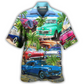 Vintage Classic Car And Tropical Beach Hawaiian Shirt For Summer Travel Coastal Events And Thoughtful Gift Giving