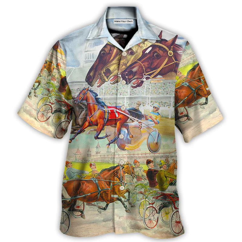 Racing Horse Hawaiian Shirt Collar And Front View For Casual Outings