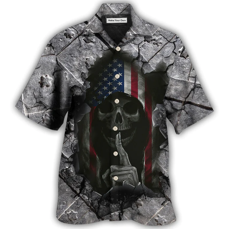 Dark Skull American Flag Strong Wrought Iron Hawaiian Shirt Artwork Detail For Tropical Trips And Casual Outings