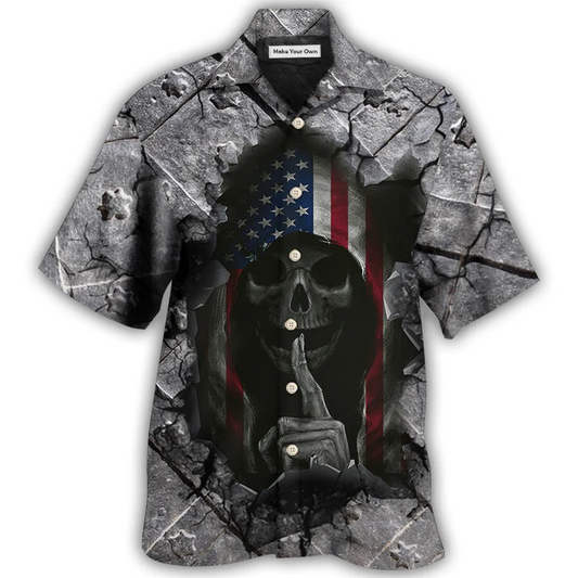 Dark Skull American Flag Strong Wrought Iron Hawaiian Shirt Artwork Detail For Tropical Trips And Casual Outings