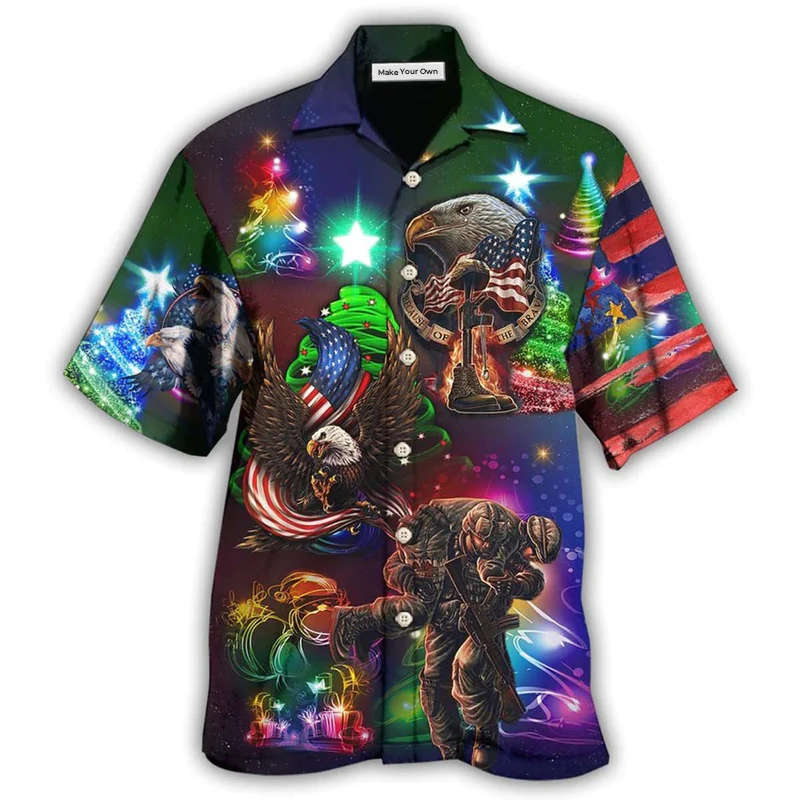 Festive Veteran Christmas Scaried Hawaiian Shirt Pattern Detail For Vacation Travel And Daily Wear