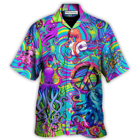 Bohemian Funny Colorful Octopus Tie Dye Hawaiian Shirt Design Detail For Beach Days And Holiday Travel