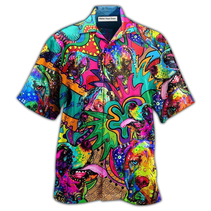 Bohemian Colorful Dogs Hawaiian Shirt Design Detail For Beach Days And Holiday Travel