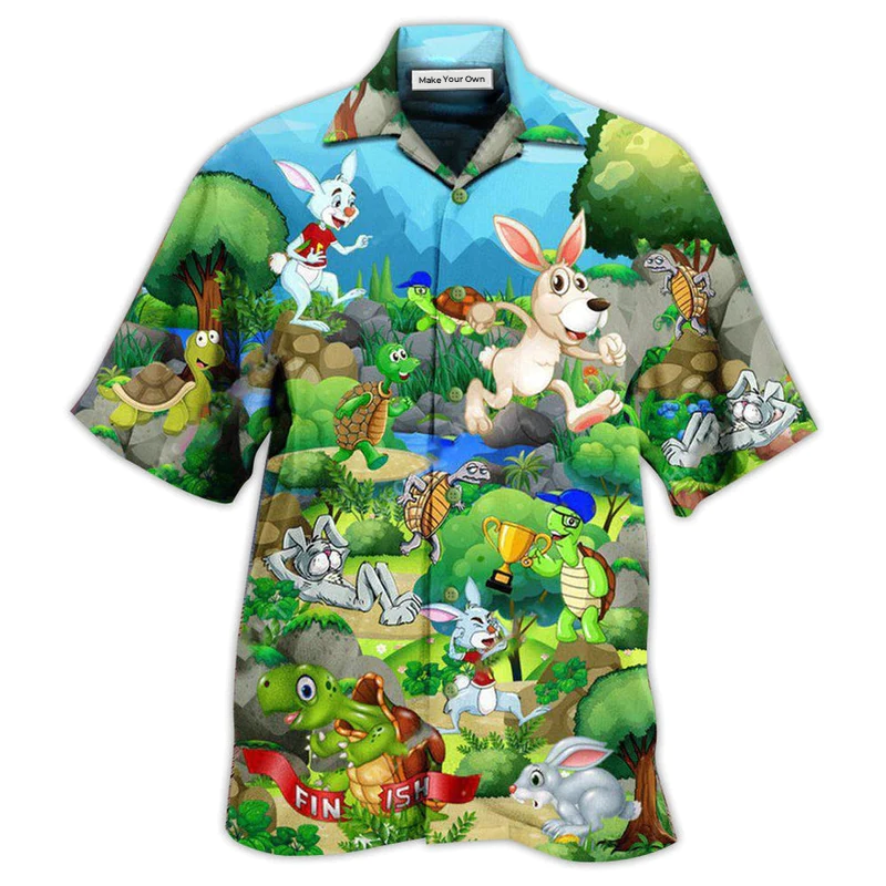 Rabbit Turtle Race Between Arrogant Hawaiian Shirt Artwork Detail For Resort Trips And Outdoor Activities