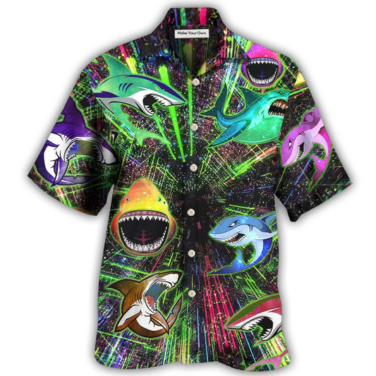 Neon Shark Angry Hawaiian Shirt For Summer Vacation And Beach Travel