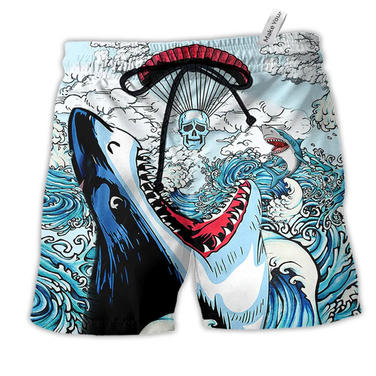 Shark Love Skull Hot Air Balloon Hawaiian Print Beach Shorts For Ocean Lover Vacation Wear