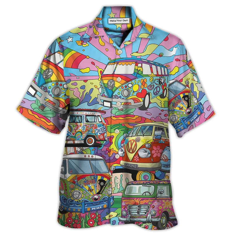 Bohemian Colorful Van Peace Hawaiian Shirt For Resort Getaways And Comfortable Summer Activities