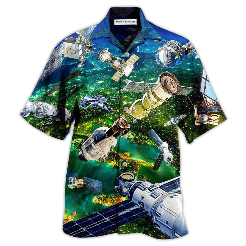 Satellite Space Hawaiian Shirt Artwork Detail For Resort Trips And Outdoor Activities