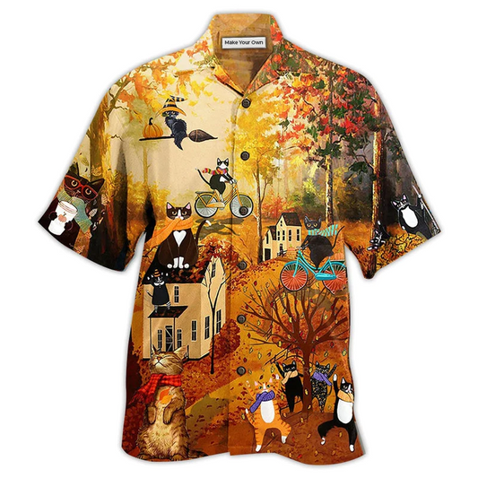 Happy Cat Fall Y'All Hawaiian Shirt Artwork Detail For Tropical Trips And Casual Outings