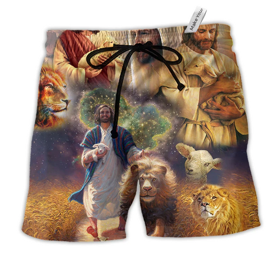 Jesus Saves Animals Style Hawaiian Print Beach Shorts For Spiritual Beach Days